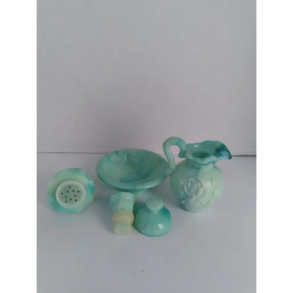Vintage Avon Mint Green Glass Bathroom Set‎ with Rose Pattern Vanity Accessories